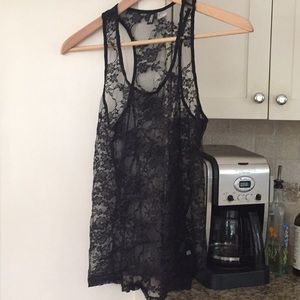 Sheer black lace racerback tank.